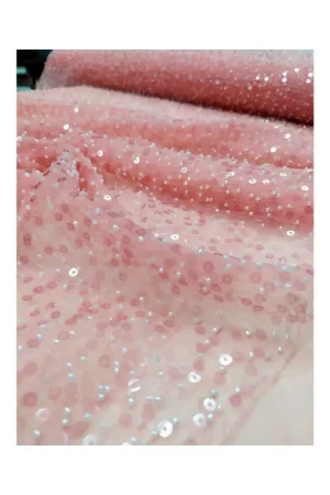 Vendita Finale 50 CM TESSUTO TULLE RICAMATO PAILLETTES CORALLINI ALTO 150 CM