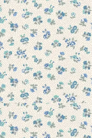 Ultimissimo Modello Floral Nostalgia, Flora Beatrice, Tessuto Crema a pois con piccoli fiori azzurri - Liberty Fabrics