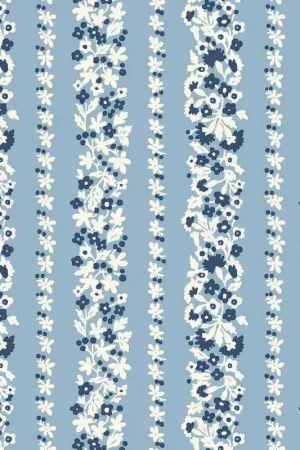 Denim Florals, Topiary Stripe, Tessuto Azzurro con strisce fiorite - Liberty Fabrics Reso Gratuito