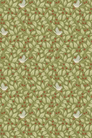 Ultime Pezzi Tilda Merry Little Christmas, Holly Moss, tessuto con agrifoglio e uccellini su fondo verde muschio