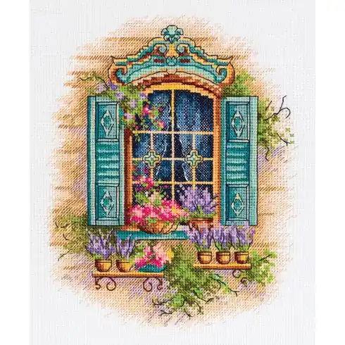 kit ricamo a punto croce - Fiori alla finestra - Panna Prezzo Di Fabbrica