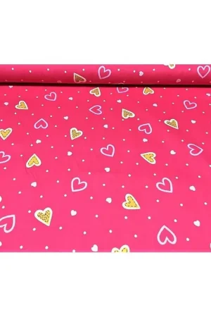 Tessuto per tappezzeria loneta misto cotone rasatello stampato base fuxia con cuori alto 280 cm linea oro Di Tendenza