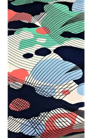 Acquista Ora Tessuto maglina stampata in viscosa disegno macchie nei colori blu verde tiffany corallo e celestone alto 150 cm