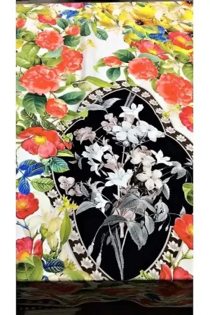 1,20 mt Tessuto pura seta stampata digitale disegno fiorato colorato con medaglione lavorato centrale nero e bianco alto 1,50 Vendita Finale