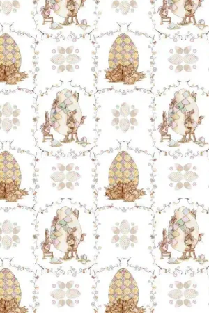 Easter Patchwork, Stoffa Villaggio Uova Patchwork su Tessuto Bianco con Topini e Coniglietti Occasione Imperdibile