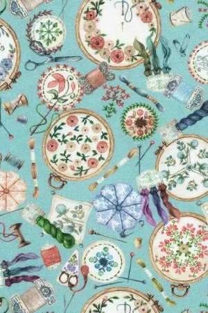 Make it Sew, Praire Sky, tessuto azzurro con accessori per il ricamo - Robert Kaufman Quantità Limitata