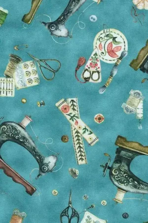 Make it Sew, Dusty Blue, tessuto azzurro con macchine per cucire - Robert Kaufman Prezzo Basso