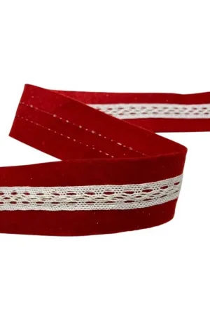 Nastro in Panno Lenci Rosso con Tramezzo in Merletto Panna Altezza 4 cm Prezzo Conveniente