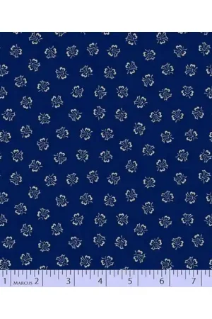 Consegna Rapida Marcus Fabrics, Tulip Dance, Mood in Blue Collection, di Paula Barnes- Tessuto Blu Scuro con piccoli disegni beige