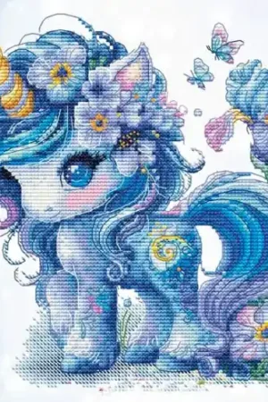 Foglio di punto croce - Unicorno fiori blu - Les petites croix de Lucie Promozione Esclusiva