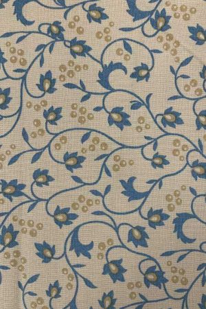 Super Prezzo Moda Fabrics Sticks and Stones, Tessuto Giallo Senape con delicati arabesci Azzurro Polvere e palline gialle tono su tono