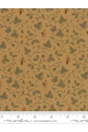 Moda Fabrics, Gratitude Parchment- Tessuto Fondo Giallo Bruciato con rametti di foglie verde salvia continui e rametti foglie Offerta