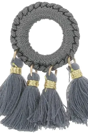 Pendentif avec pompons en polycoton 47x25 mm - Gris foncé - Doré x1 Prezzo Scontato