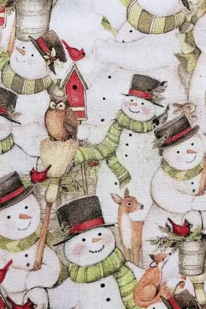Prezzo Ridotto Tessuto invernale crema con affollamento di pupazzi di neve e animali della foresta