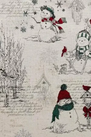 Tessuto invernale tortora con scene di pupazzi di neve e uccelli con fiocchi di neve argento Ultima Occasione