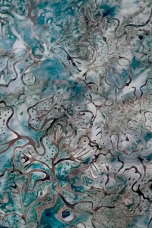 Tessuto Batik blu pavone con linee marroni di foglie Soddisfatti O Rimborsati