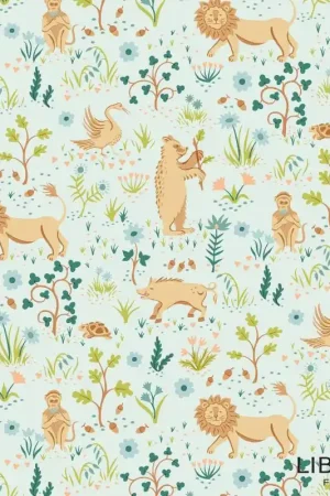 Tree of Life Tudor Fauna Canopy Greens, Tessuto Verde Acqua con Animaletti del Bosco - Lyberty Fabrics Spedizione Espresso