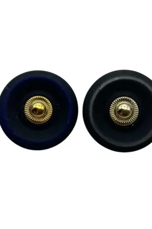 Spedito Oggi Bottone decorativo tondo – Resina e ABS – Iridescente blu/nero – Asola in metallo oro – Ø 25 mm – Lineato 40