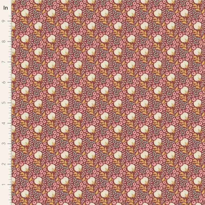 Offerta Lampo Tilda Sanctuary Cottonfield Maroon, Tessuto Rosso Bordeaux con fiori di cotone