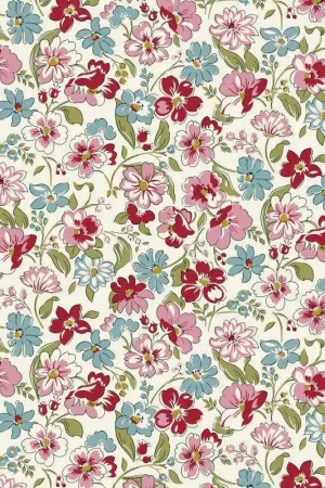 Vendita Finale Heirloom 4 Collection, Floral Joy, tessuto bianco con piccoli fiori rosa, rossi e azzurri - Liberty Quilting