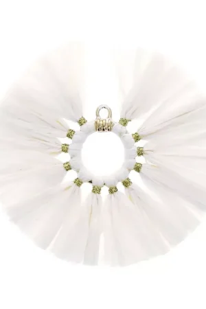 Pendentif éventail avec pompons en raphia 53 mm - Blanc - Doré x1 Spedizione Gratuita