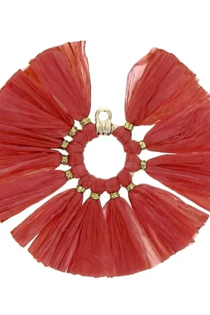 Pendentif éventail avec pompons en raphia 53 mm - Rouge - Doré x1 Reso Gratuito