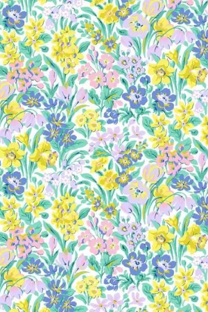 London Parks Kew Blooms B, Tessuto con prato fiorito viola e giallo - Liberty Fabrics Offerta Limitata