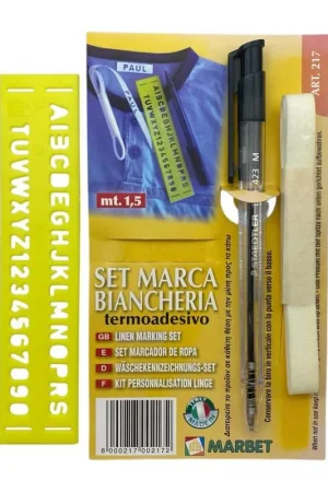Set Marcabiancheria Termoadesivo con Biro e Normografo Etichette per Tessuti e Scuola Professionale