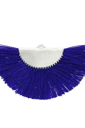 Pendentif éventail demi-lune franges pompons 25x47 mm Bleu roi/argentéx1 Subito Disponibile
