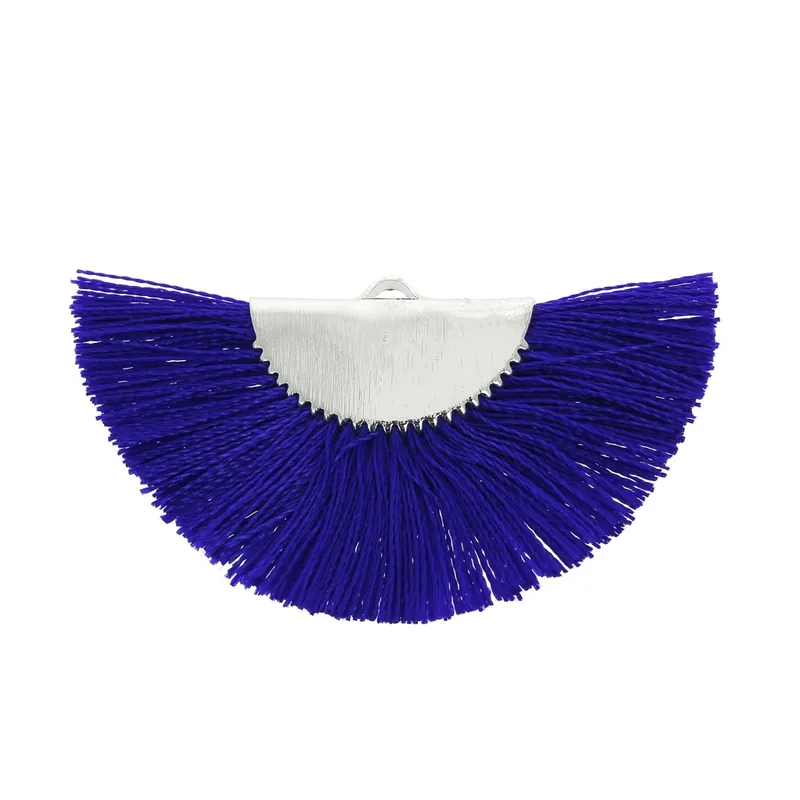 Pendentif éventail demi-lune franges pompons 25x47 mm Bleu roi/argentéx1 Subito Disponibile
