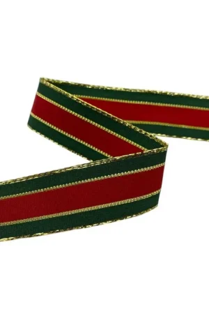 Quantità Limitata Nastro Decorativo Rigato Verde Rosso con Rifinitura Oro Lamè Altezza 25 mm