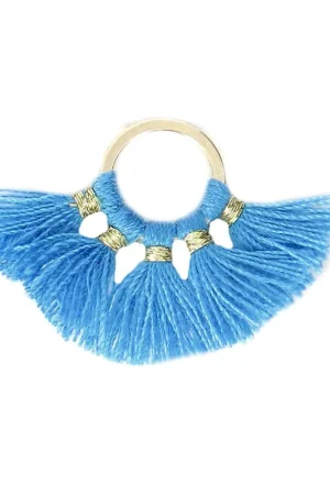 Petit pendentif éventail avec pompons imitation coton 20x29 mm Bleu/doré x1 Offerta