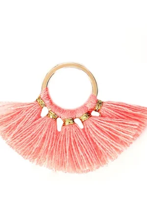 Nuovo Arrivo Petit pendentif éventail avec pompons imitation coton 20x29 mm Salmon/doré x1