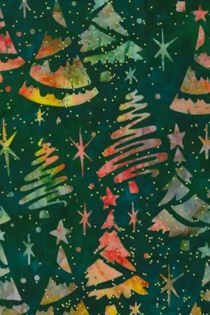 Artisan Batiks: Christmastime Forest, Tessuto Verde Foresta con Alberi di Natale - Robert Kaufman Più Venduto
