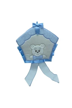 Coccarda Fiocco Nascita Celeste Casetta Tela Aida Bianco 43x25 Cm Offerta Limitata