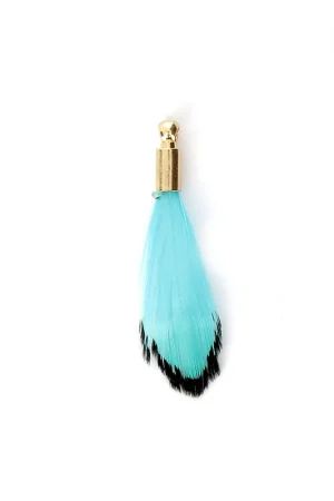 Offerta Limitata Plume de faisan rayée avec embout doré pour bijoux fantaisie 25 mm Turquoise/Noir x1