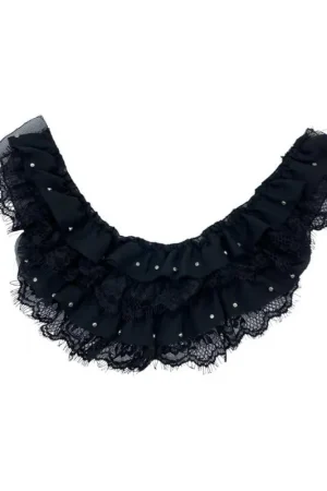 Applicazione Scollo Moda Abiti Rouches Pizzo Francese Nero Georgette Borchia Argento 30x23 Cm Quantità Limitata