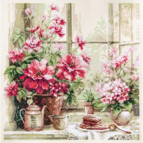 kit ricamo a punto croce - Mattinata dai toni rosa - Magic Needle Reso Gratuito
