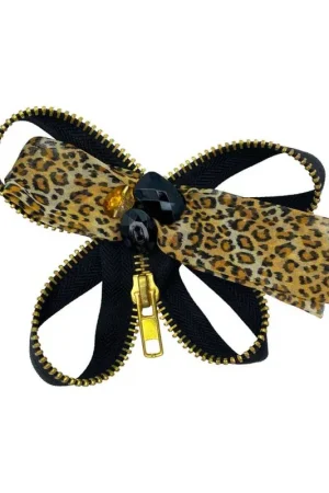 Ultime Pezzi Spilla Cerniera Nera Cursore Catena Oro Fiocco Strass Georgette Leopardo Cm 13x10