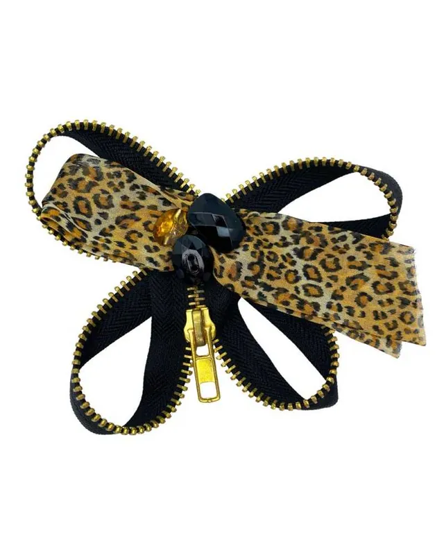 Ultime Pezzi Spilla Cerniera Nera Cursore Catena Oro Fiocco Strass Georgette Leopardo Cm 13x10