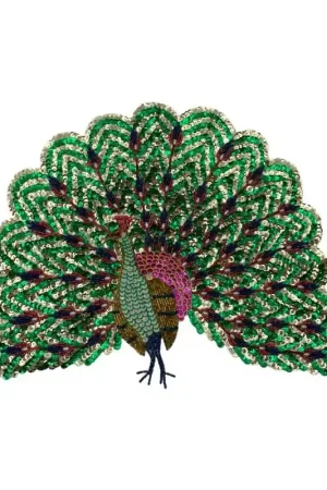 Applicazione Grande Pavone Moda Cucibile Patch Ricamo Paillette Perline Oro Lurex 33x27 Cm Popolare