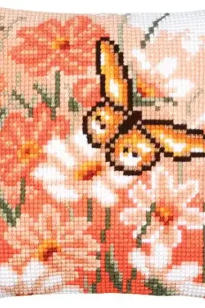 Nuova Collezione Kit cuscino fori grossi - Farfalla e fiori - pesca - Vervaco