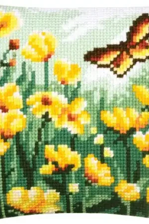 Kit cuscino fori grossi - Farfalla e fiori - giallo - Vervaco Promozione