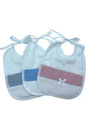 Sconto Bavaglino in Spugna Bianca, Inserto pois Vintage, tasca in Tela Aida 55 Fori e Fiocchetto di Raso Bianco