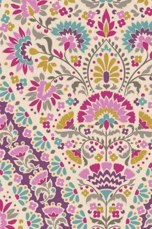 Tilda Pie in the Sky Whimsybird Plum- Tessuto Fondo Panna con stravagante motivo Floreale predominante Viola Sconto