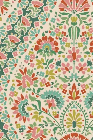 Tilda Pie in the Sky Whimsybird Pine- Tessuto Fondo Panna con stravagante motivo Floreale predominante Verde Popolare