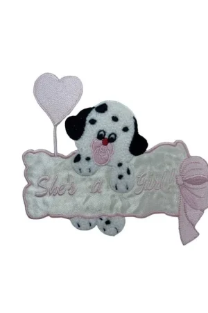 Professionale Applicazione Termoadesiva Ricamo Patch Palloncino Cuore Cane Dalmata Rosa Fiocco12x11 Cm