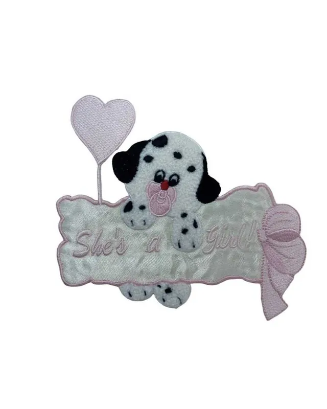 Professionale Applicazione Termoadesiva Ricamo Patch Palloncino Cuore Cane Dalmata Rosa Fiocco12x11 Cm