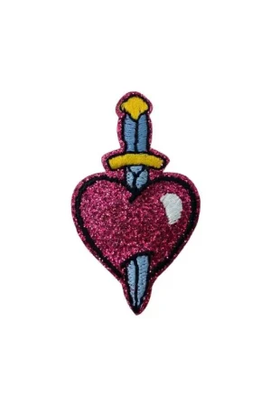 Applicazione Termoadesiva Cuore Glitter Rosa Trafitto Ricamo Spada Cm 5x3 Ultima Occasione