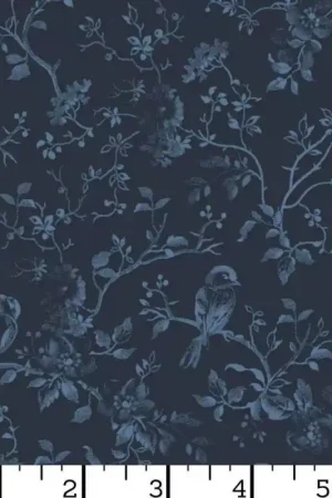 Maywood Studio, Lovely Bunch, Tessuto Blu con Rami e Uccelli Tono su Tono Offerta Speciale
